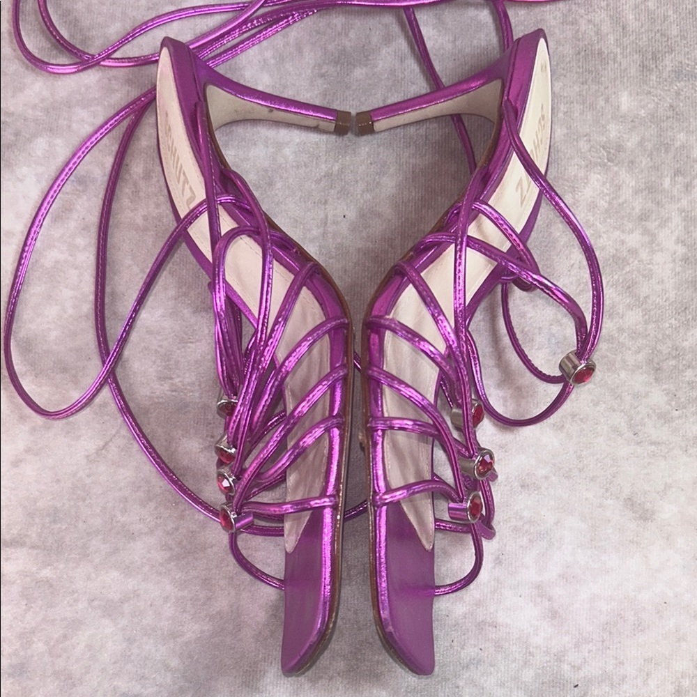 GUC Schutz Women's 7.5 Dark Metallic Pink Purple Strappy Heels Leather - Picture 8 of 9